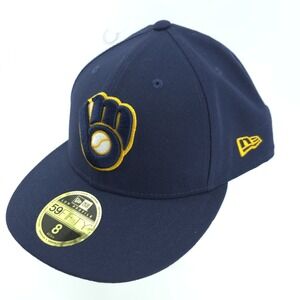 New Era 59Fifty Milwaukee Brewers Navy Blue Fitted Size 8 Low Profile Hat NEW‎